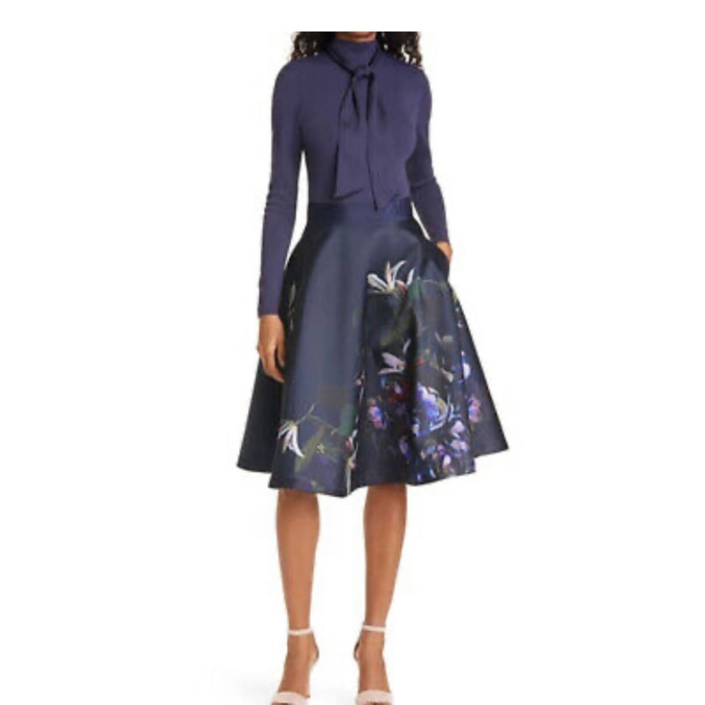 Ted Baker Dominaa Pomegranate Tie Neck Fit & Flare Full Skirt Midi Dress